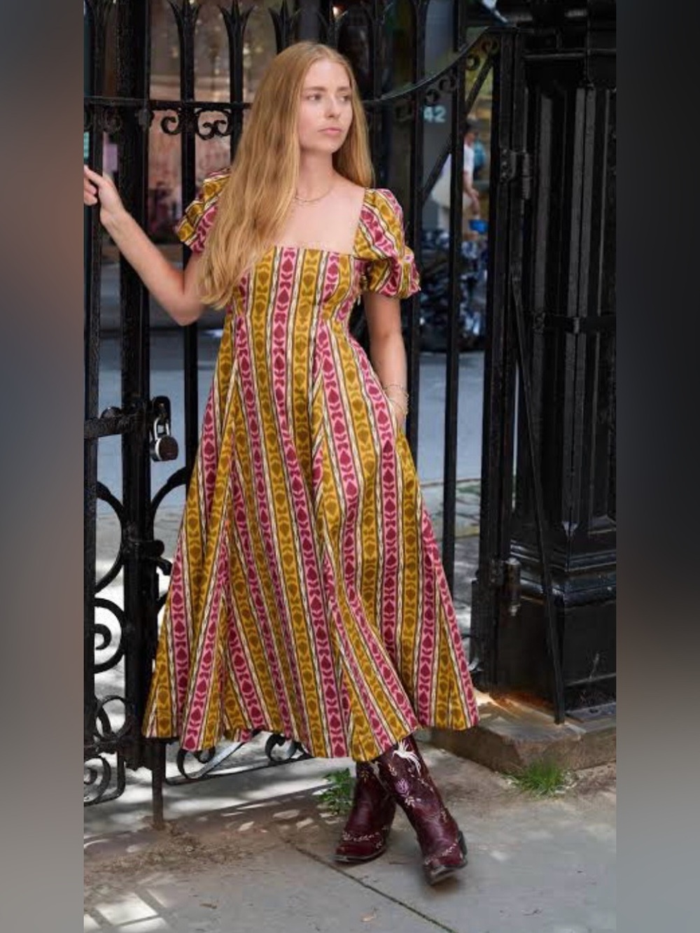 Hill House Home The Matilda Dress Ikat Topiary Pink Yellow Midi Puff Sleeve Smal